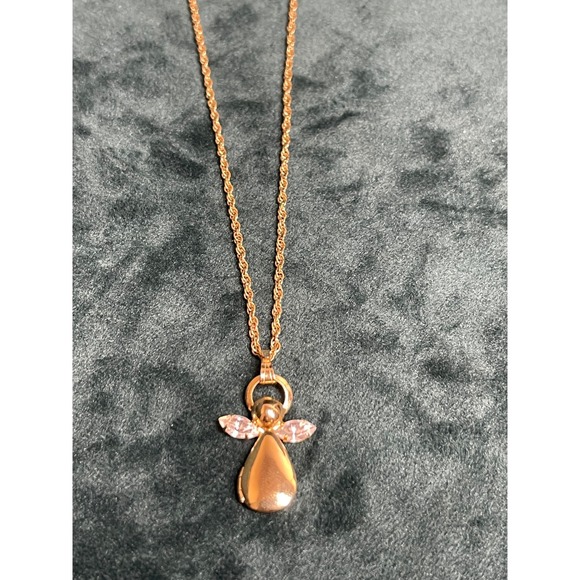 Jewelry - Gold Tone Angel Locket Necklace Pink Crystal Wings Cherub Pendant 18 Inch Chain